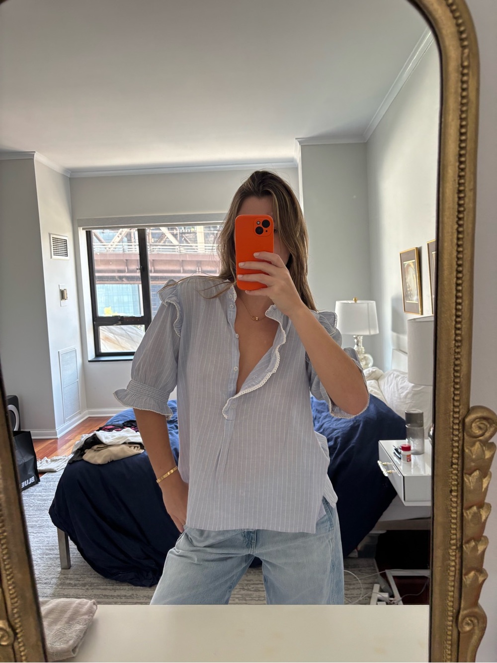 ME+EM Light Blue Pinstripe Ruffle-Trim V-Neck Blouse